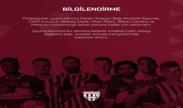 Bandırmaspor’da, 7 futbolcu kadro dışı