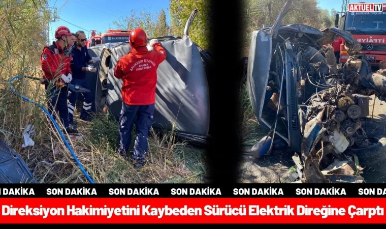 Burhaniye’de Elektrik Direğine Otomobil Çarptı