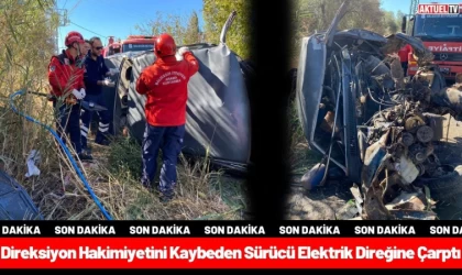 Burhaniye’de Elektrik Direğine Otomobil Çarptı